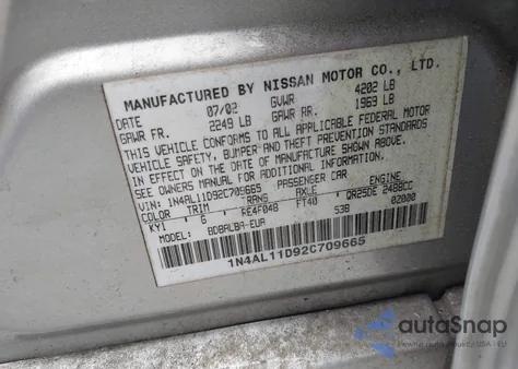 2002 Nissan Altima 2.5 S from USA, damaged, VIN 1N4AL11D92C709665